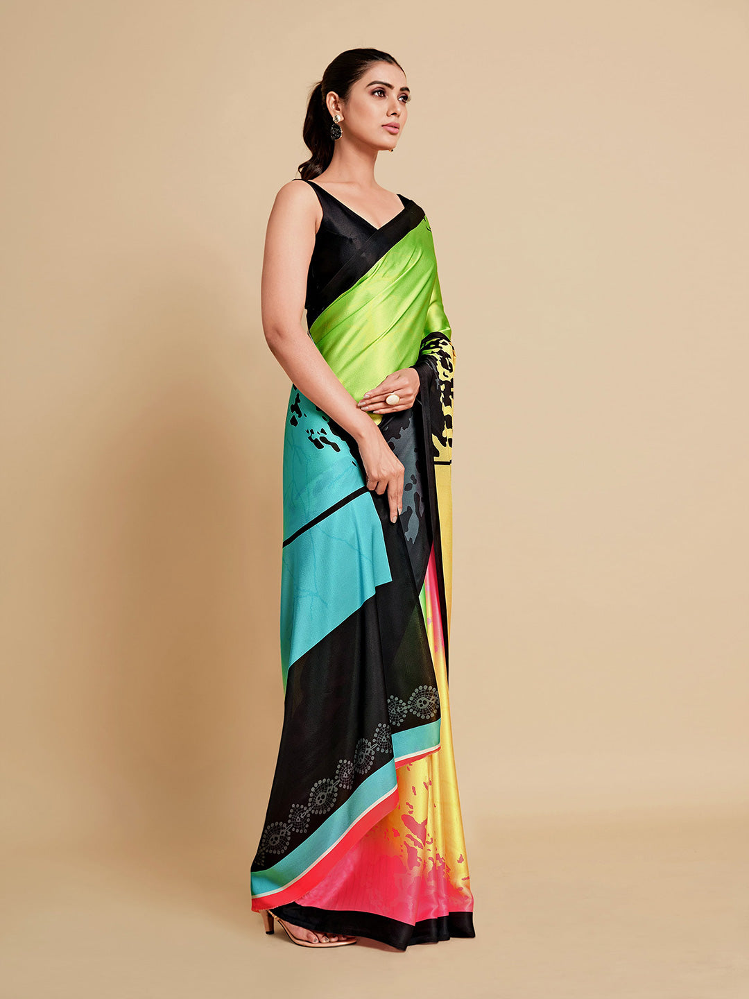 Sangria Lime Green & Blue Satin Saree - Distacart