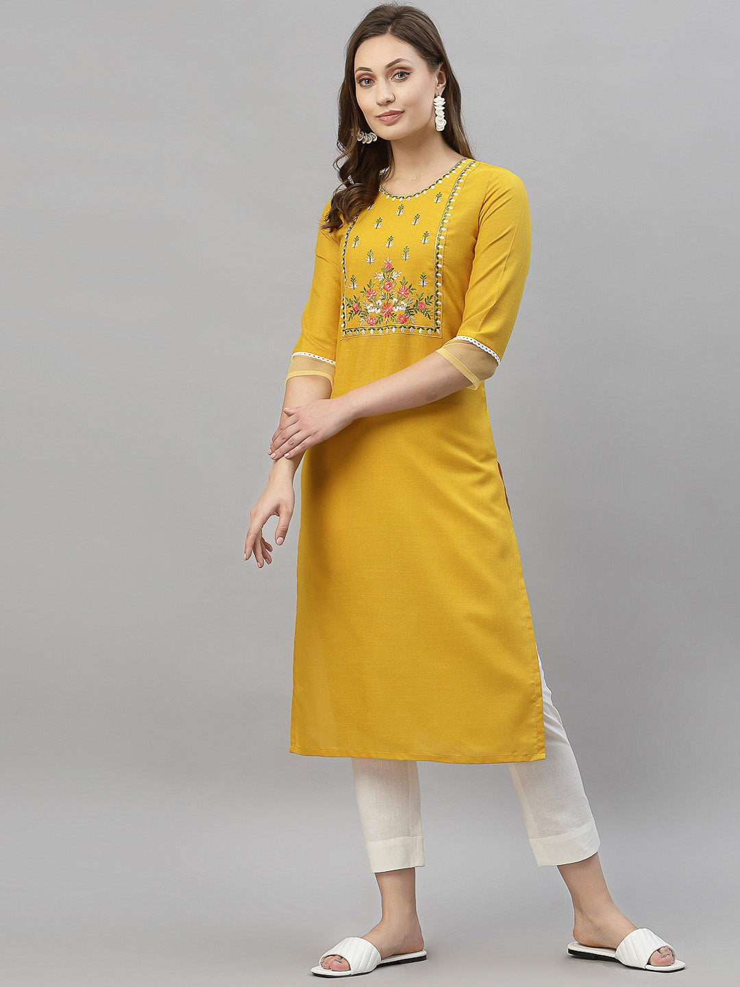 Kalini Women Yellow Floral Embroidered Thread Work Kurta - Distacart