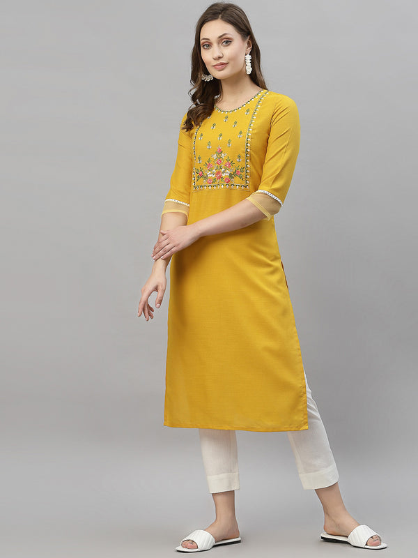 Kalini Women Yellow Floral Embroidered Thread Work Kurta - Distacart