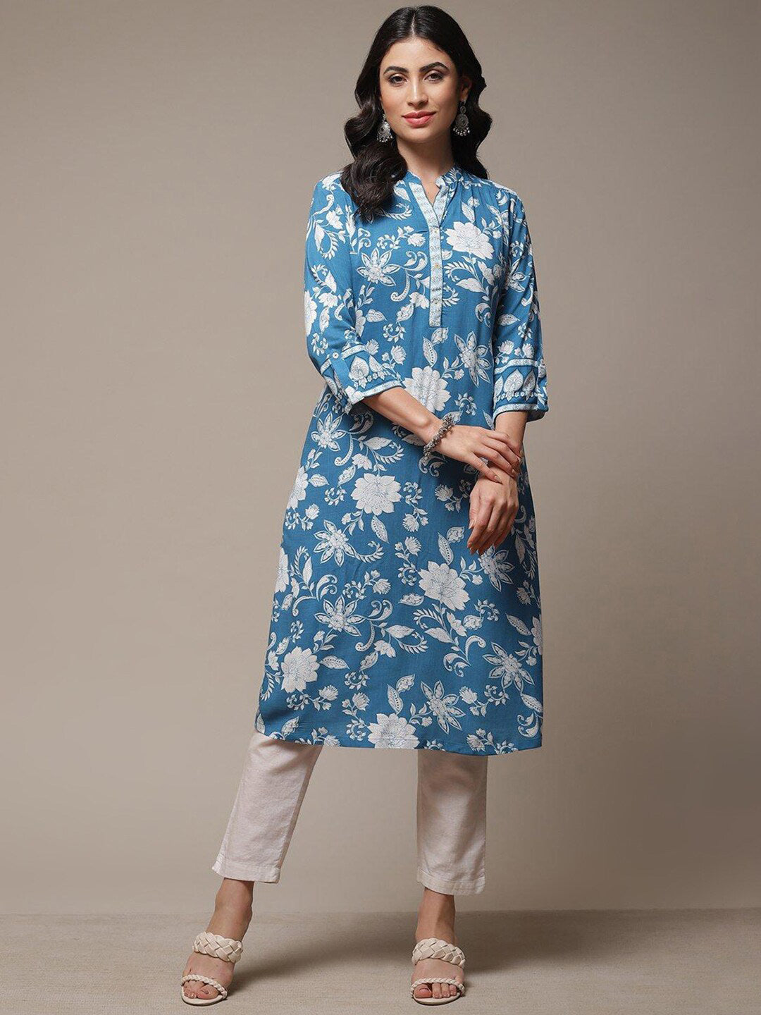 Biba Floral Printed Mandarin Collar Roll-Up Sleeves A-Line Kurta - Distacart