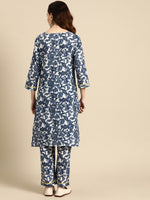 Thumbnail for Sangria Women Navy Blue Ethnic Motifs Embroidered Detail Cotton Kurta with Trousers - Distacart