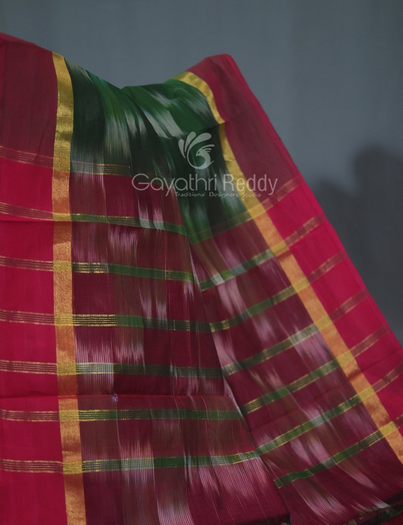Dual Shades of Mango Green And Maroon Mangalagiri Ikkat Cotton Saree By Gayathri Reddy Designer Studio - Distacart