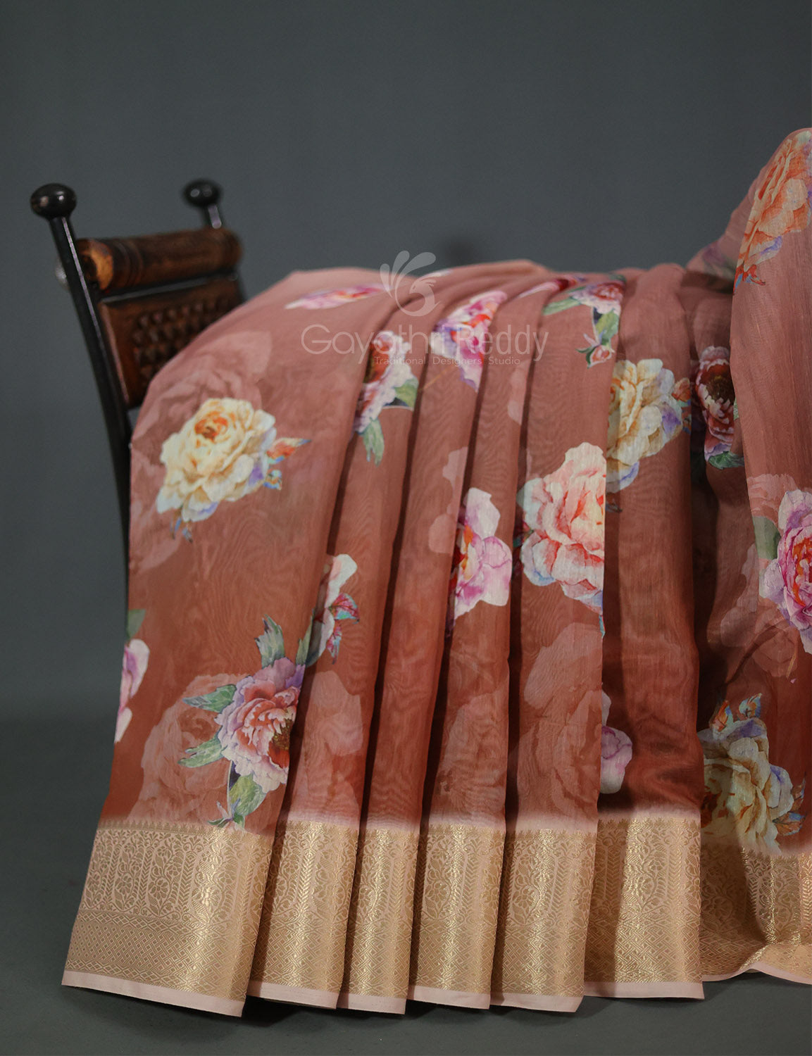 Light Rust Colour Floral Printed Semi Chanderi Saree By Gayathri Reddy Designer Studio - Distacart