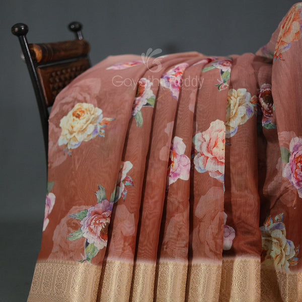 Light Rust Colour Floral Printed Semi Chanderi Saree By Gayathri Reddy Designer Studio - Distacart
