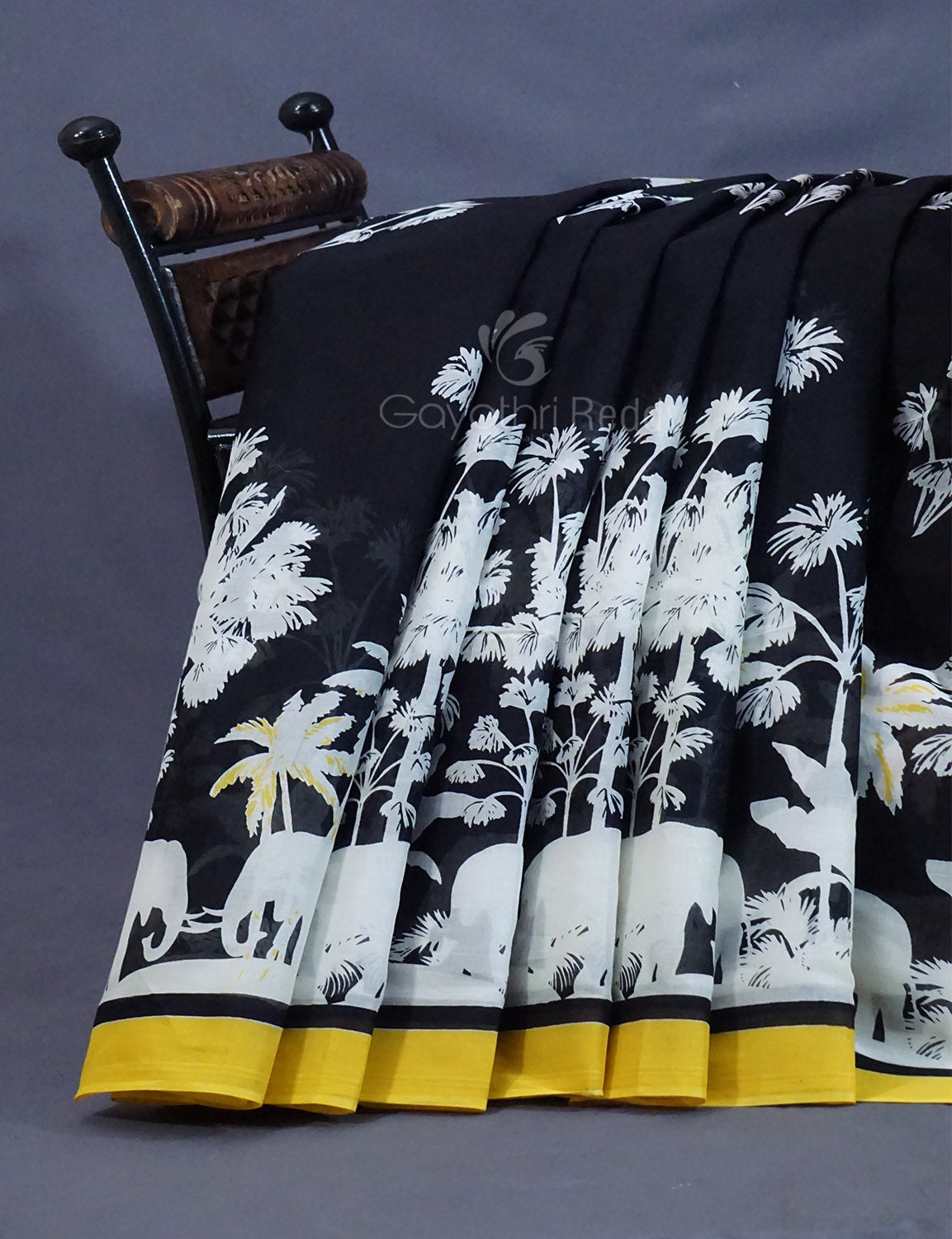 Black And Banana Yellow Colour Block Print Pure Mulmul Cotton Saree By Gayathri Reddy Designer Studio - Distacart