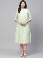 Thumbnail for Biba Women Sea Green & White Embroidered A-Line Kurta - Distacart