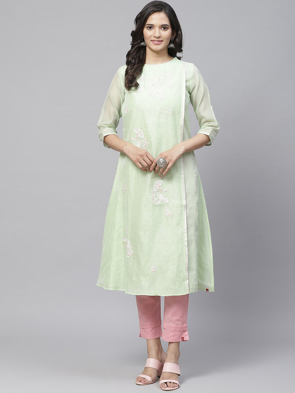 Biba Women Sea Green & White Embroidered A-Line Kurta - Distacart