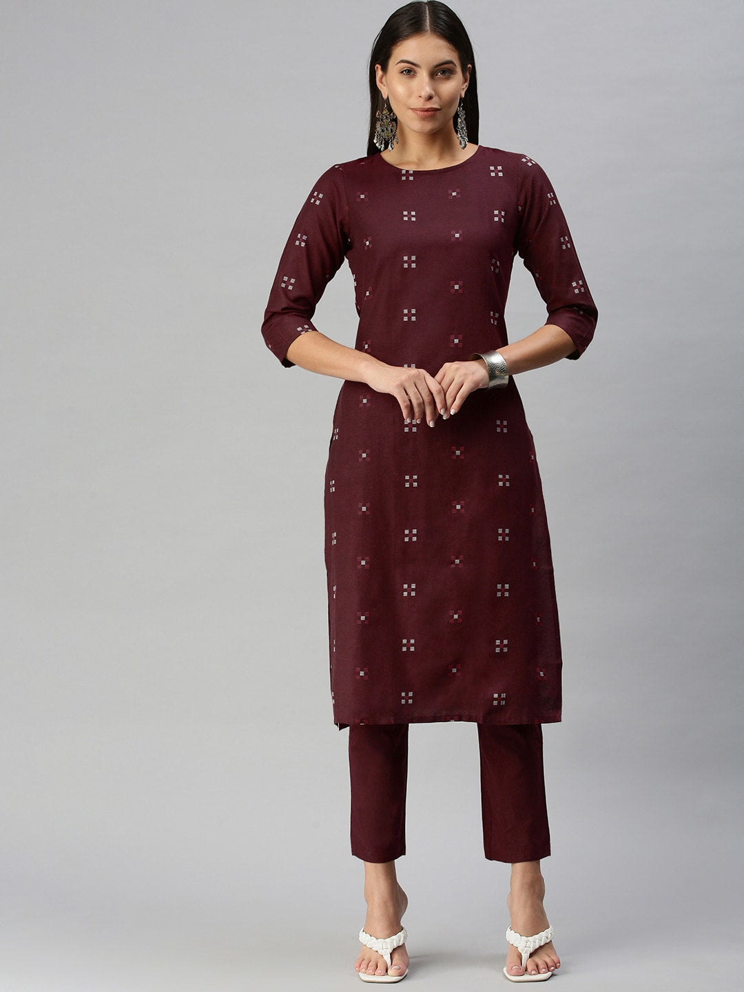 Kalini Women Maroon Pure Cotton Geometric Woven Design Kurta with Trousers - Distacart