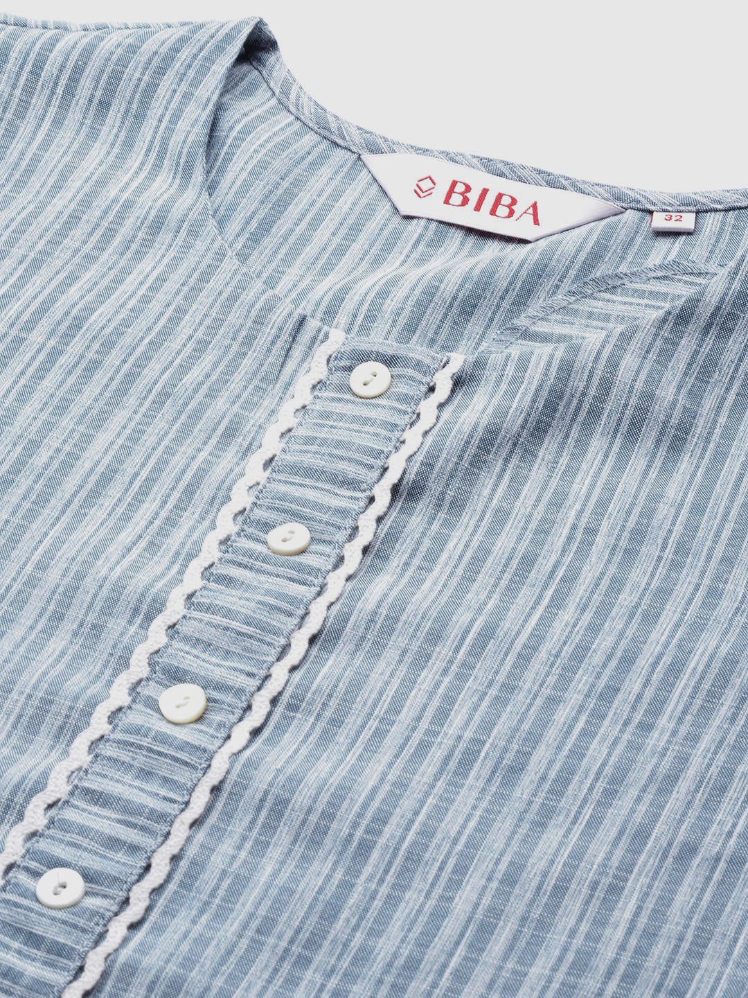 Biba Self-Striped Gota Patti Detail Straight Kurta with Palazzos & Checked Dupatta - Distacart