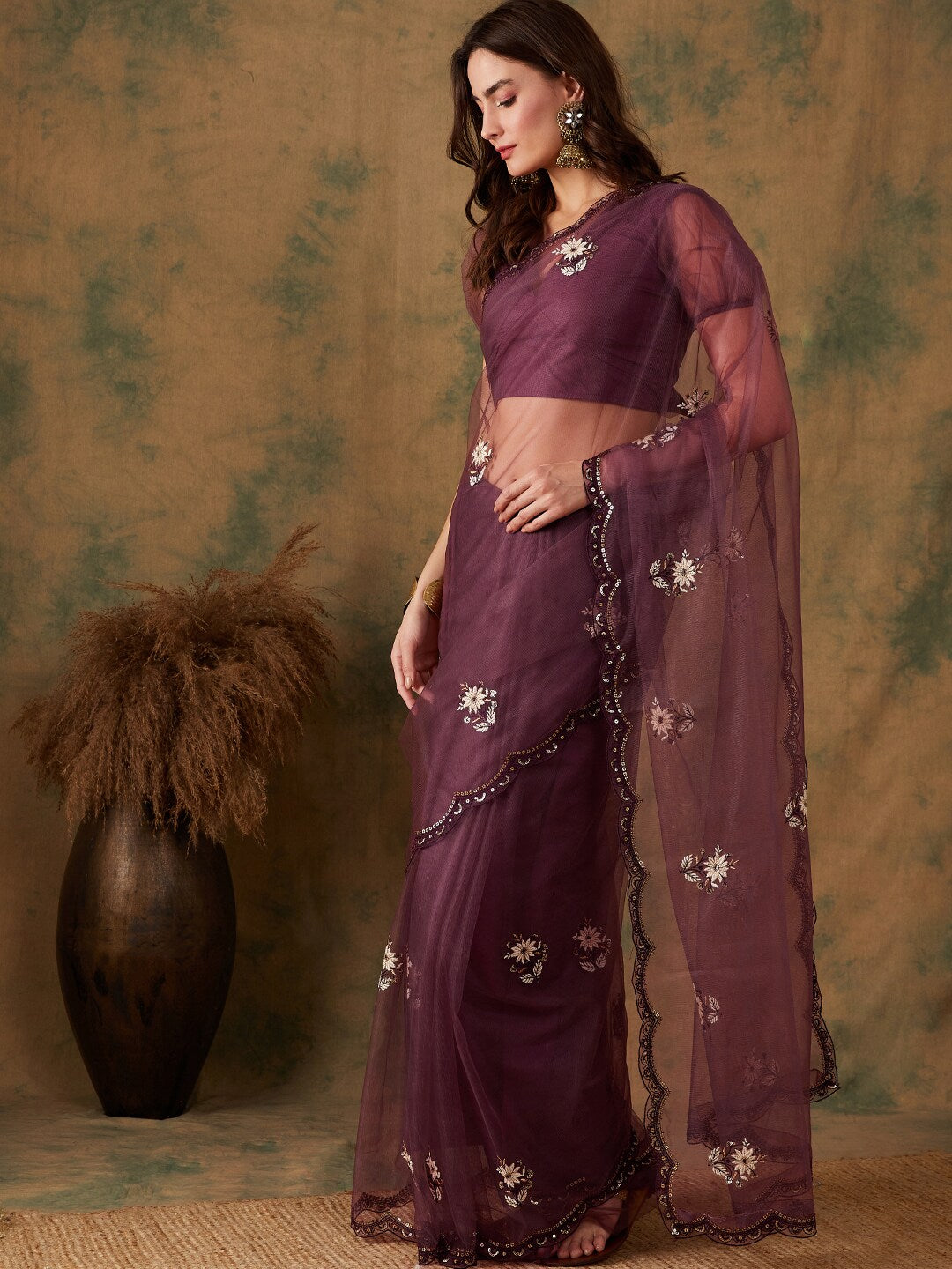 Sangria Purple Floral Embroidered Beads and Stones Embellished Net Saree - Distacart