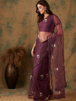 Thumbnail for Sangria Purple Floral Embroidered Beads and Stones Embellished Net Saree - Distacart