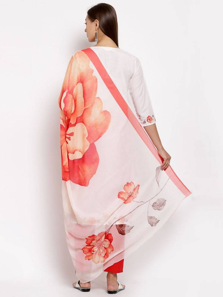 Myshka Women's White Printed Cotton Printed 3/4 Sleeve Round Neck Casual Kurta Pant Dupatta Set