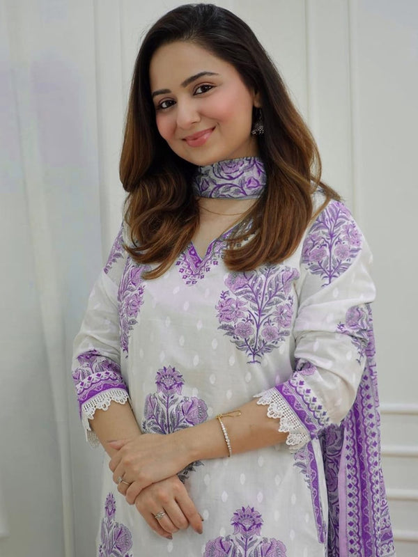 Kalini Floral Printed Sequinned Detail Pure Cotton A-Line Kurta & Salwar With Dupatta - Distacart