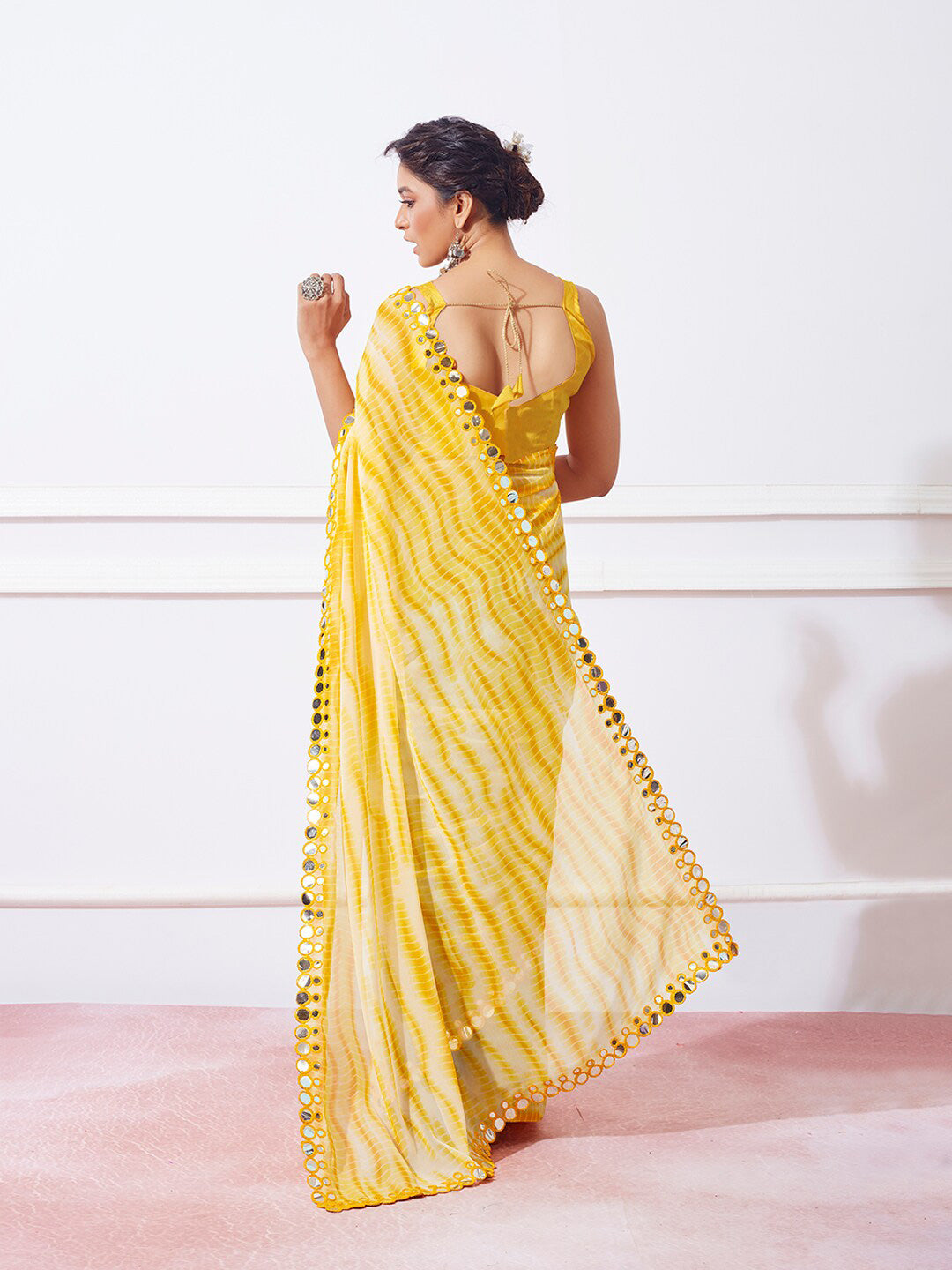Mitera Yellow Striped Mirror Work Pure Georgette Saree - Distacart