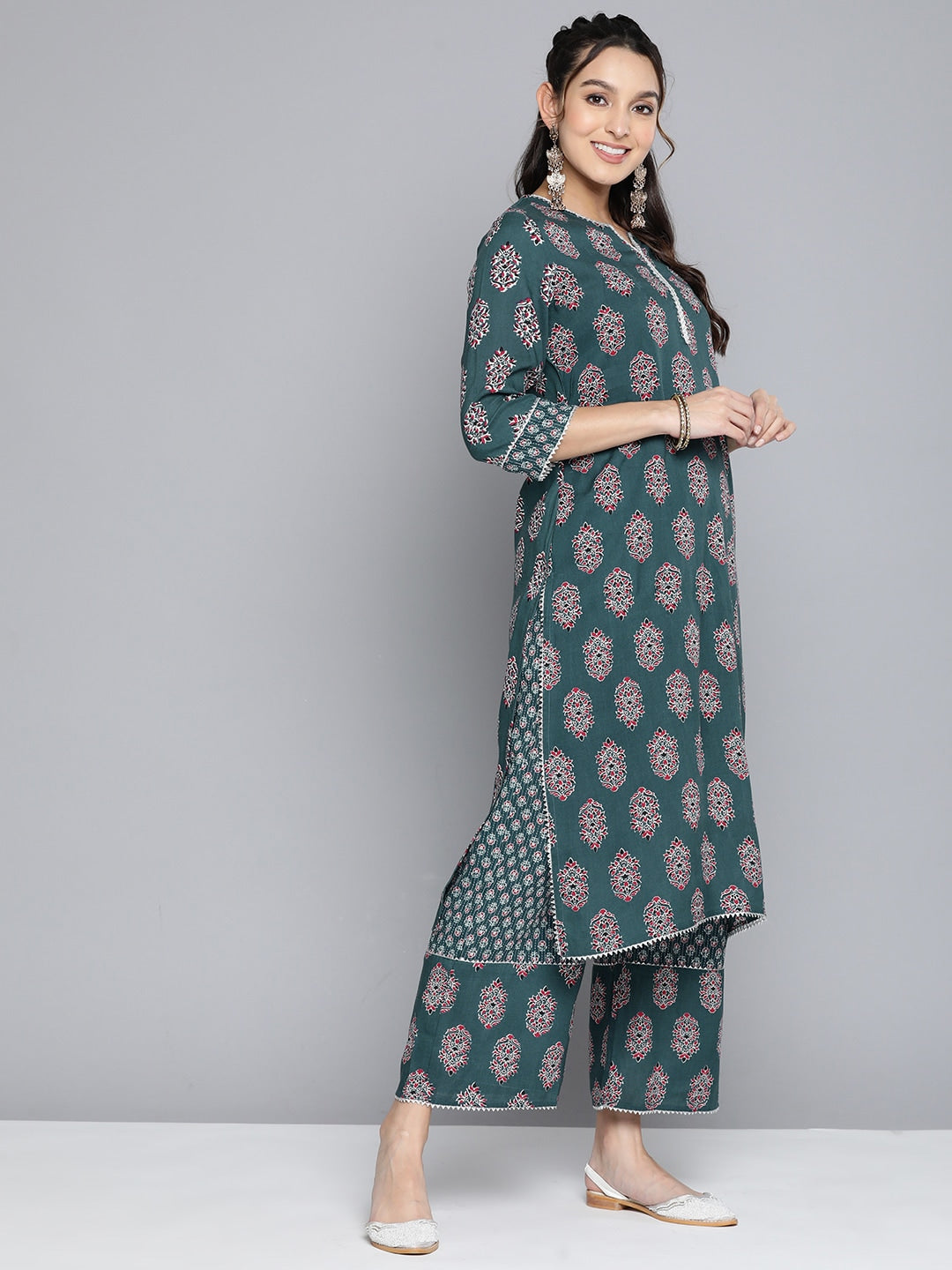 HERE&NOW Women Ethnic Motifs Printed Gotta Patti Kurta With Palazzos & With Dupatta - Distacart
