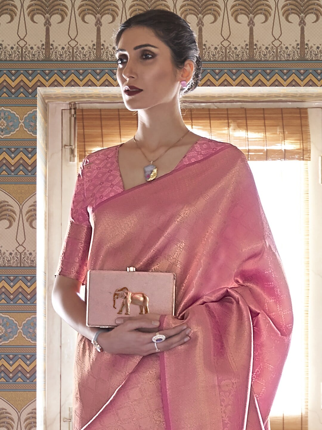 Mitera Pink & Gold-Toned Ethnic Motifs Zari Silk Blend Kanjeevaram Saree - Distacart