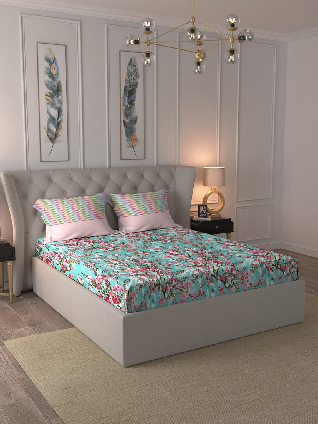 MYTRIDENT Turquoise Blue Pink Floral Pure Cotton 144 TC Queen Bedsheet 2 Pillow Covers - Distacart