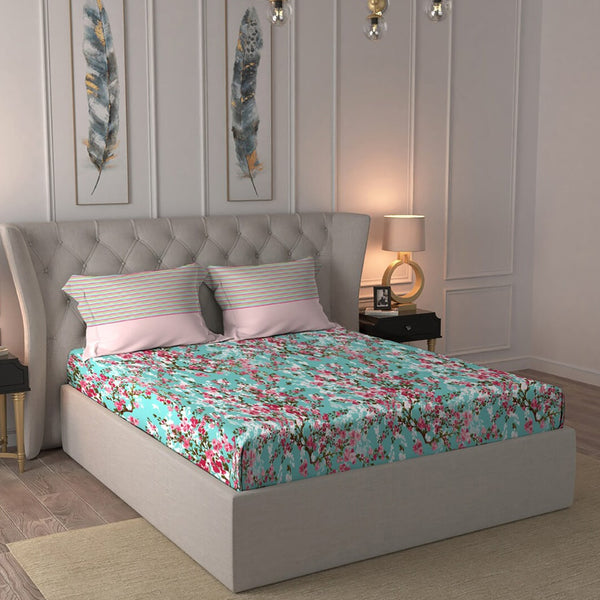 MYTRIDENT Turquoise Blue Pink Floral Pure Cotton 144 TC Queen Bedsheet 2 Pillow Covers - Distacart