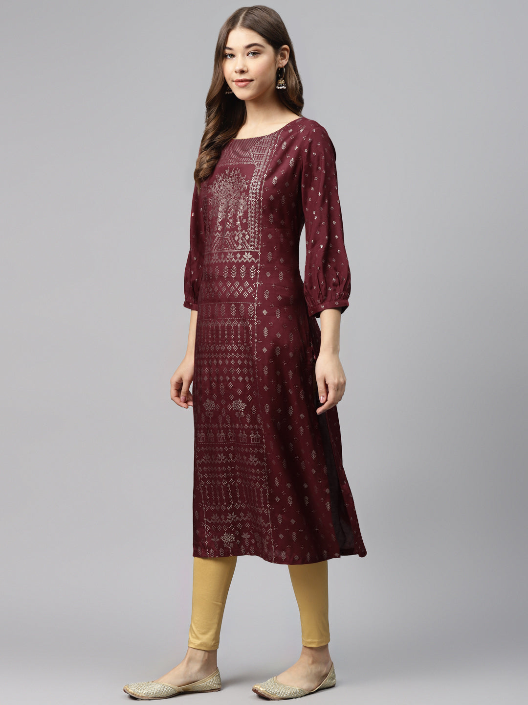 Biba Women Maroon & Golden Printed Straight Kurta - Distacart