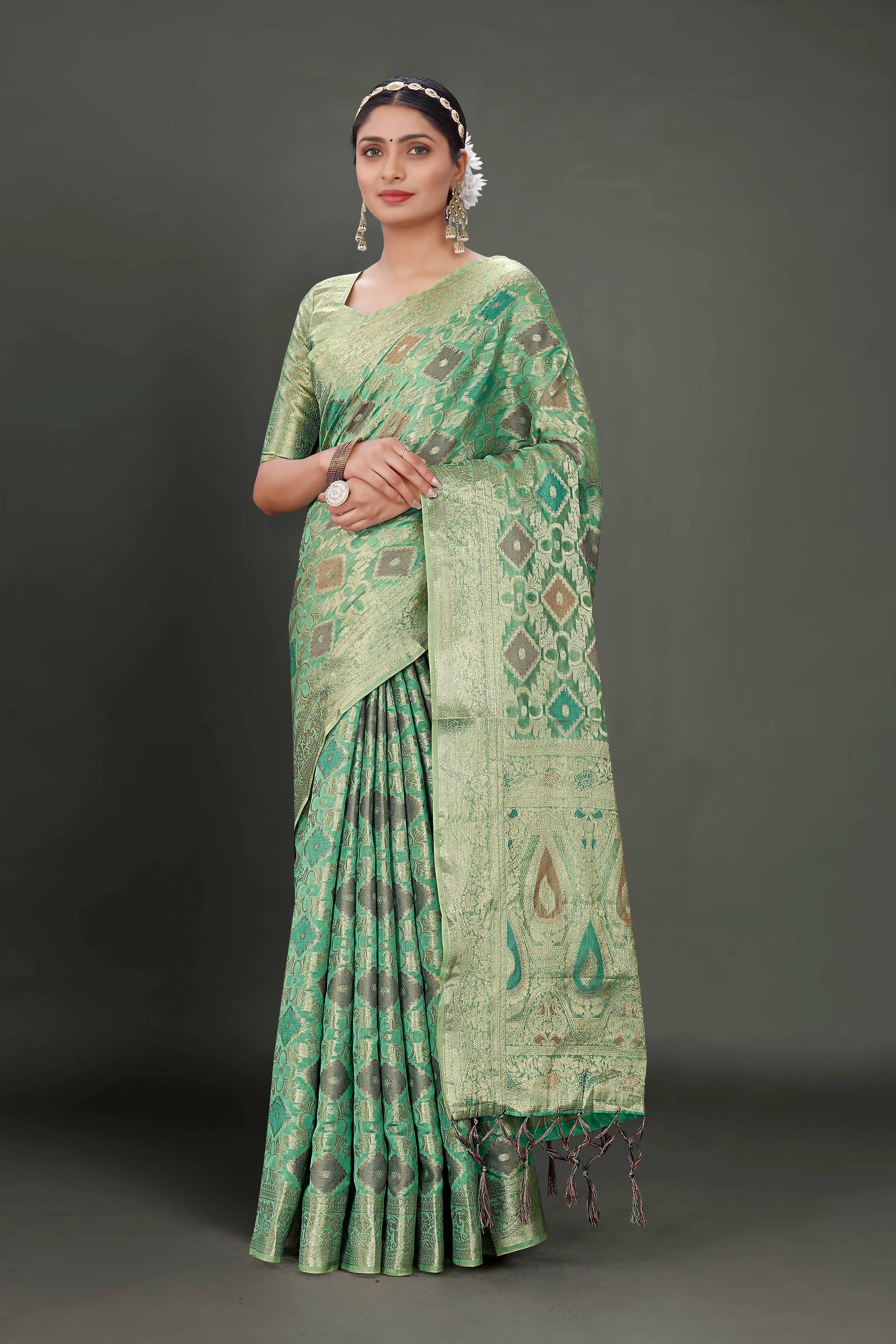 Sea Green Soft Organza Woven Design Saree With Unstitched Blouse Piece - Zaara - Distacart
