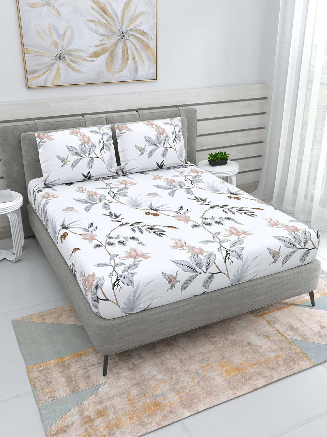 DREAM WEAVERZ White & Grey Floral 220 TC Cotton 1 Double Bedsheet with 2 Pillow Covers - Distacart