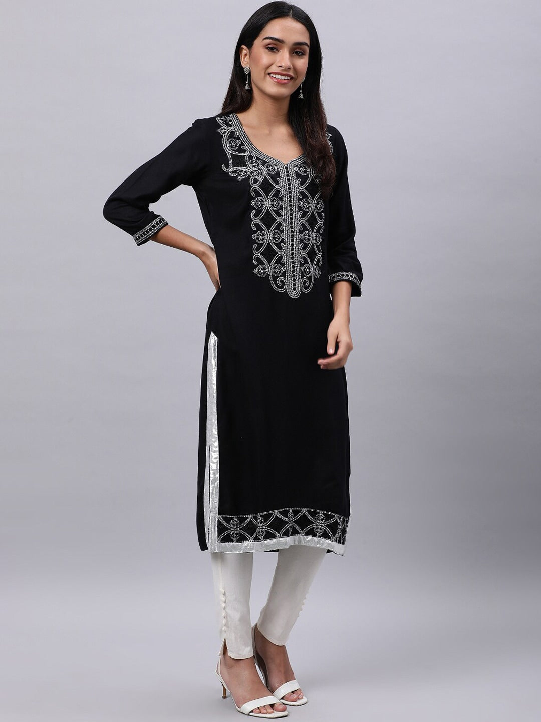 Souchii Black Ethnic Motifs Yoke Design Thread Work Grandeur & Majestic Artwork Kurta - Distacart
