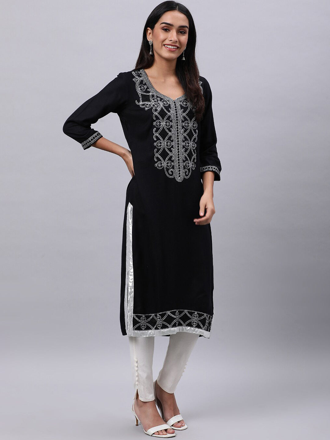 Souchii Women Black Ethnic Motifs Yoke Design Thread Work Kurta - Distacart