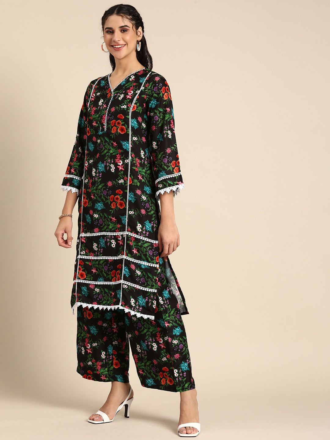 Sangria Women V-Neck Floral Printed Regular Kurta with Palazzos & With Dupatta - Distacart