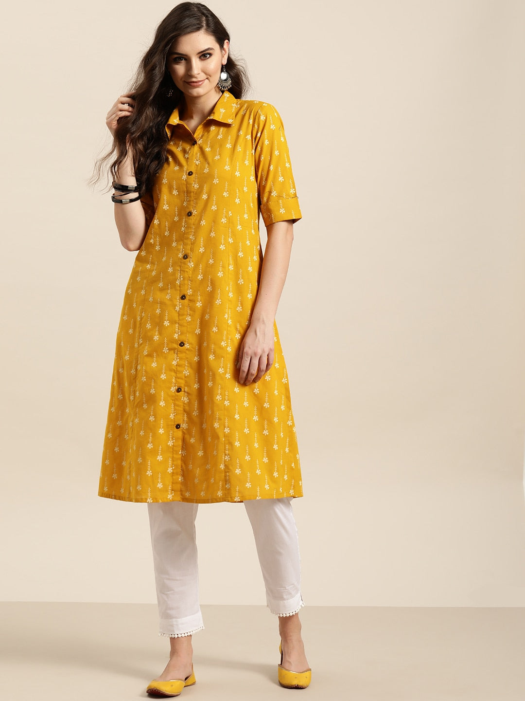 Sangria Women Mustard Yellow & White Floral Print A-Line Kurta - Distacart