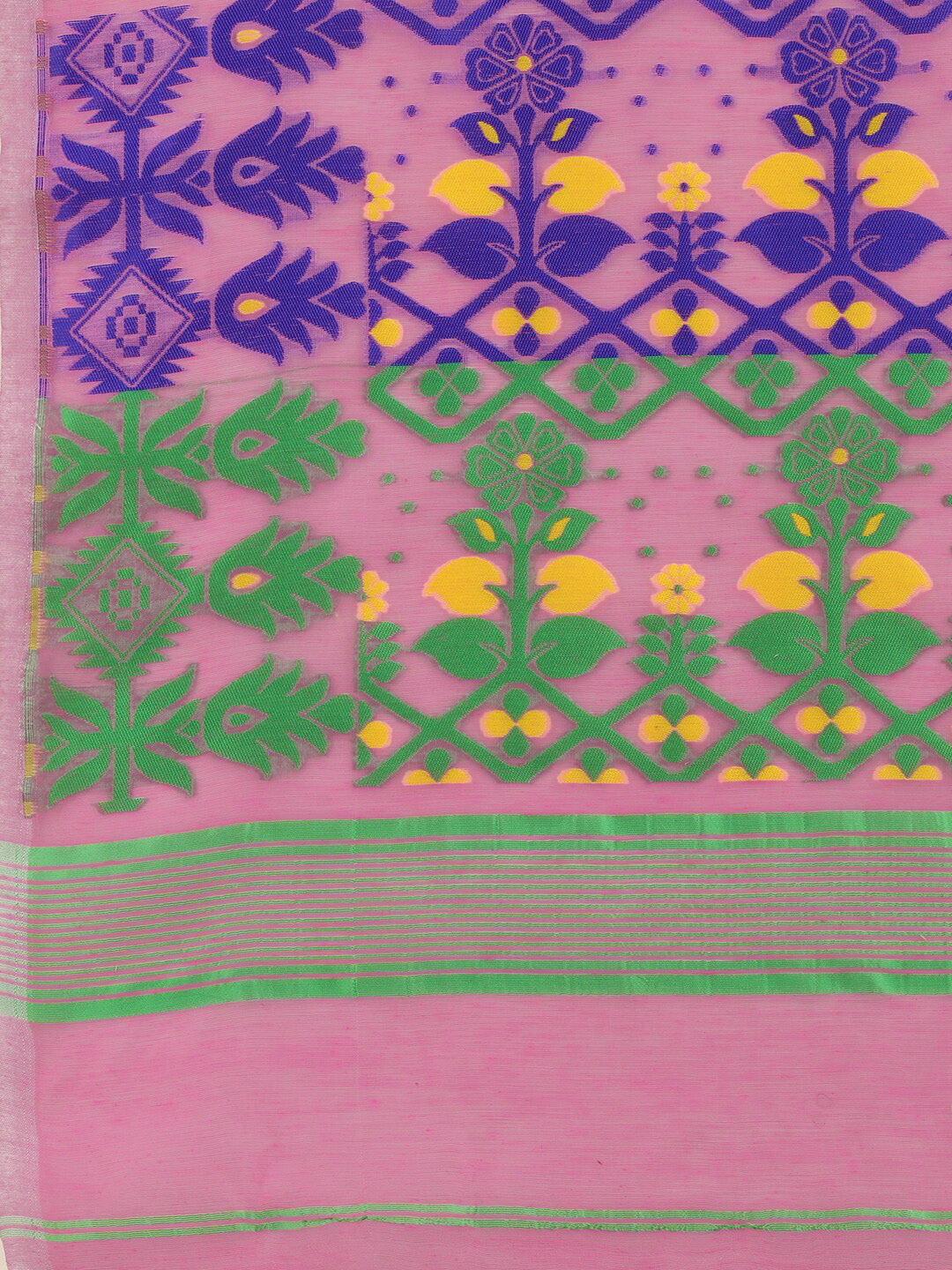 Kalini Pink & Purple Ethnic Motifs Silk Cotton Jamdani Saree - Distacart