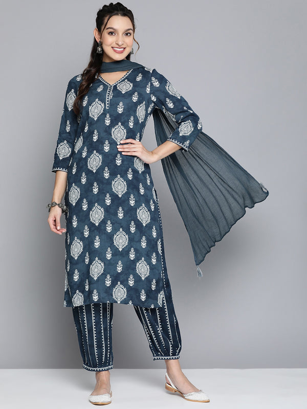 HERE&NOW Women Navy Blue Ethnic Motifs Printed Kurta with Palazzos & With Dupatta - Distacart