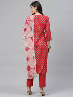 Thumbnail for HERE&NOW Women Red Embroidered Straight Kurta with Trousers & With Dupatta - Distacart