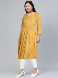 Thumbnail for Biba Women Mustard Yellow Embroidered Mirror Work Yoke Design A-Line Kurta - Distacart