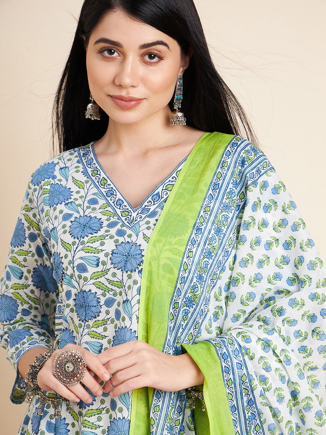 Sangria White Floral Printed V Neck Pure Cotton Anarkali Kurta With Trouser Dupatta