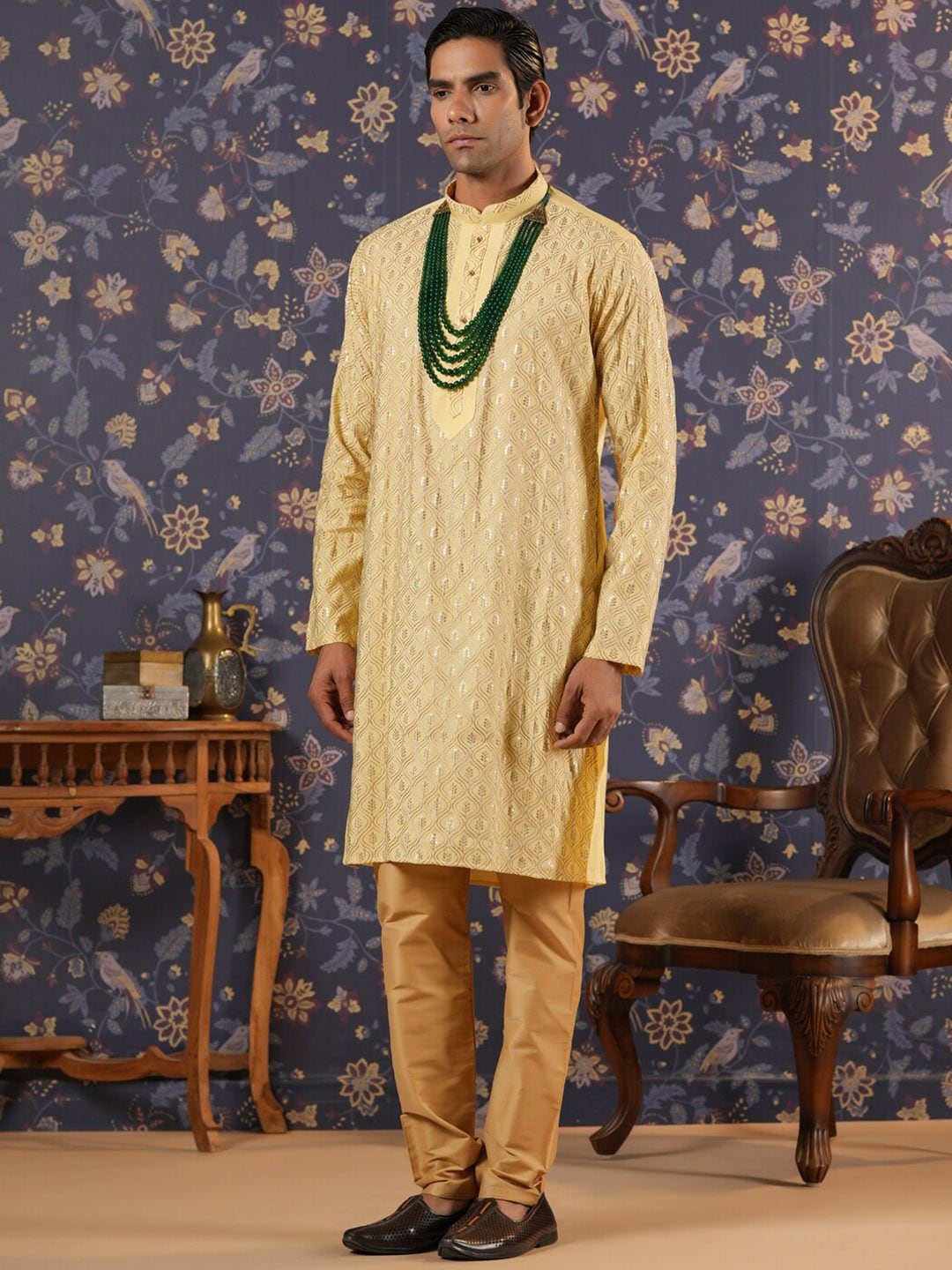 House of Pataudi Ethnic Motifs Embroidered Mandarin Collar Straight Kurta With Churidar - Distacart