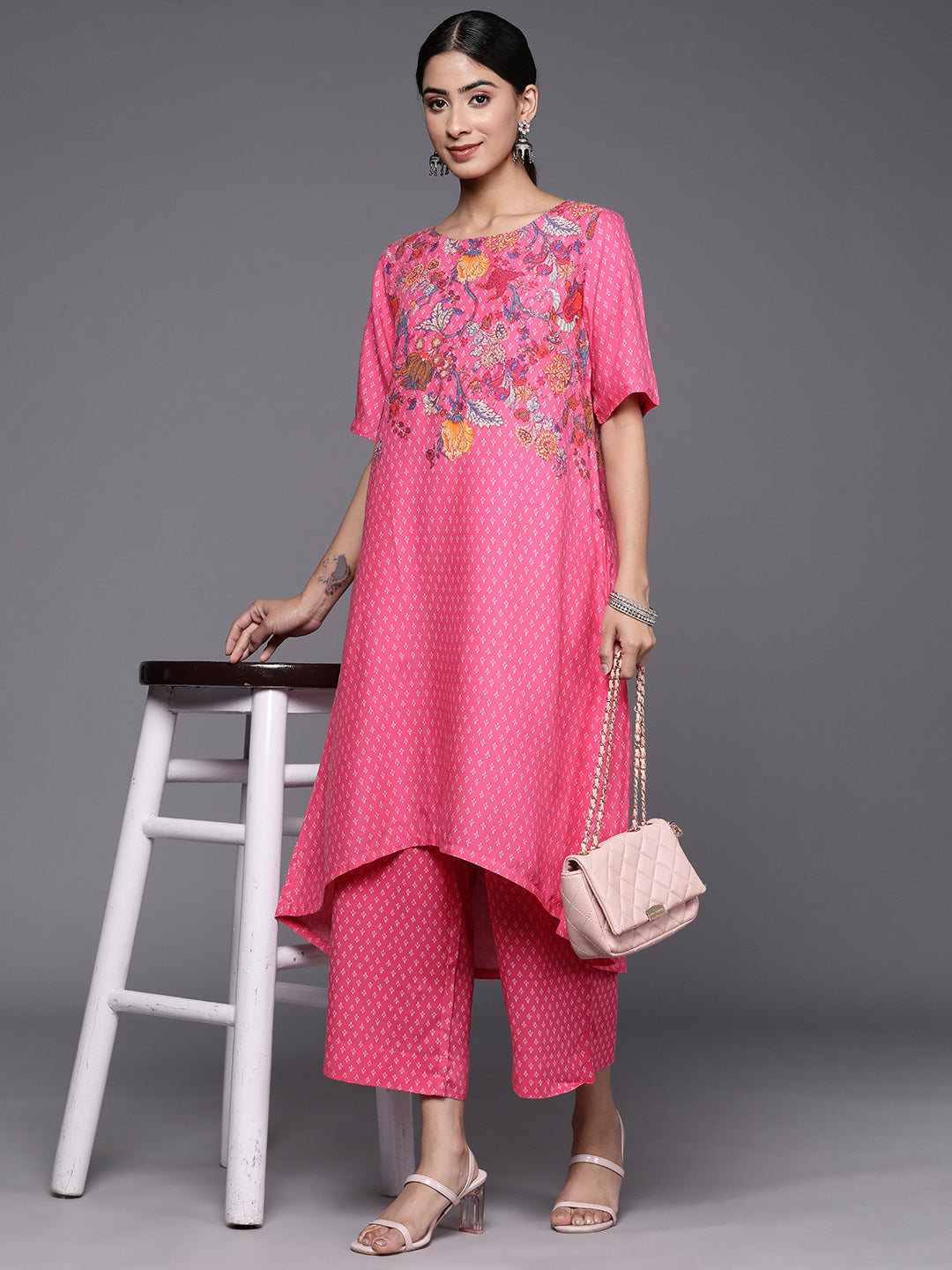 Biba Ethnic Motifs Printed High-Low Kurta with Palazzos - Distacart