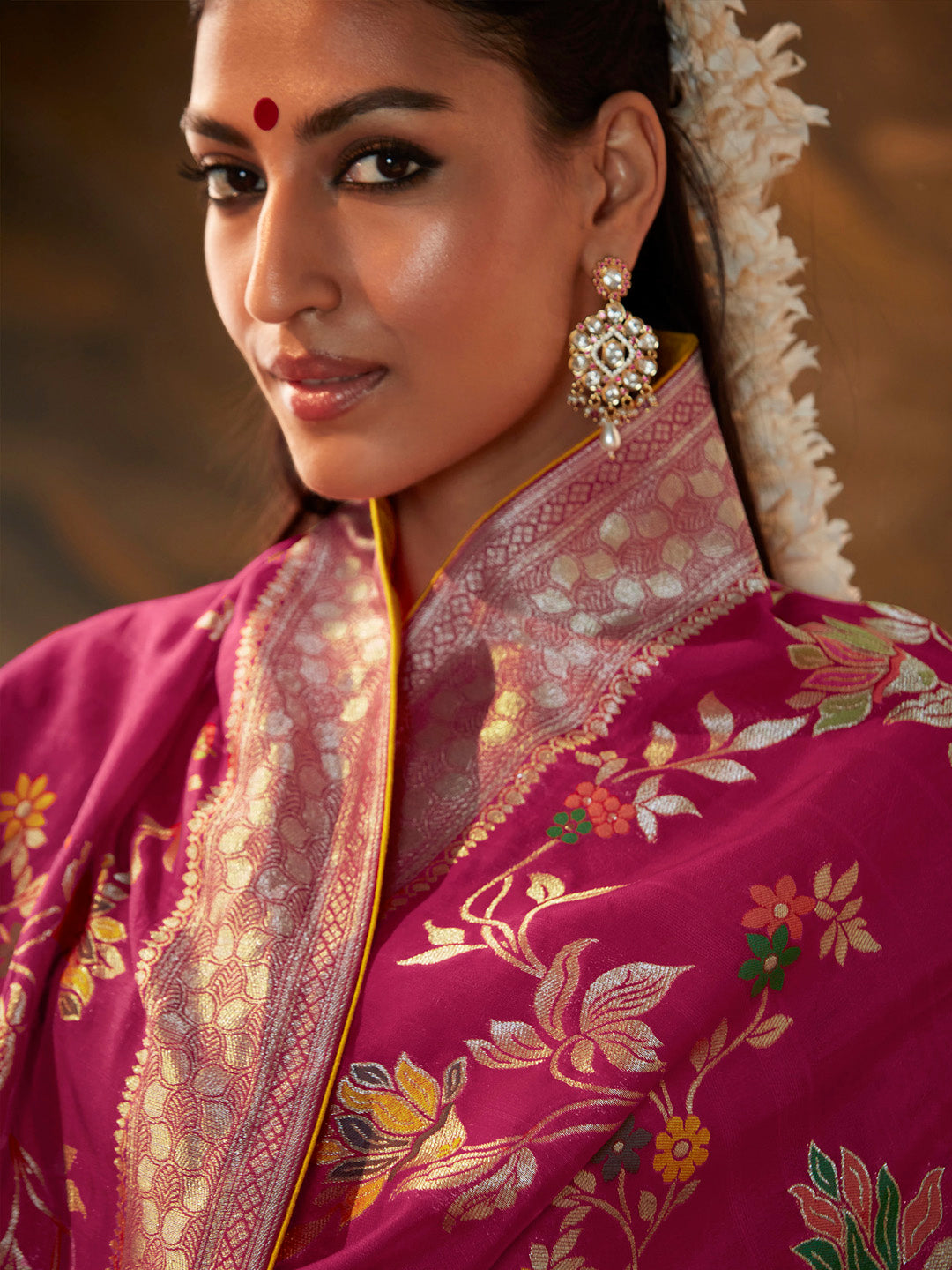 Mitera Pink & White Ethnic Motifs Zari Silk Banarasi Saree - Distacart