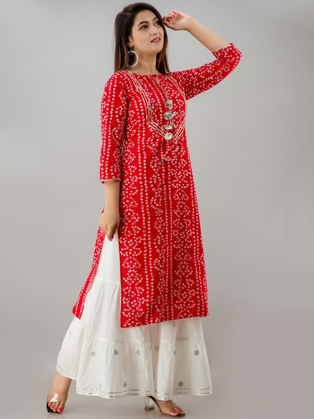 HERE&NOW Red & Gold-Toned Bandhani Printed Gotta Patti Kurta with Sharara - Distacart
