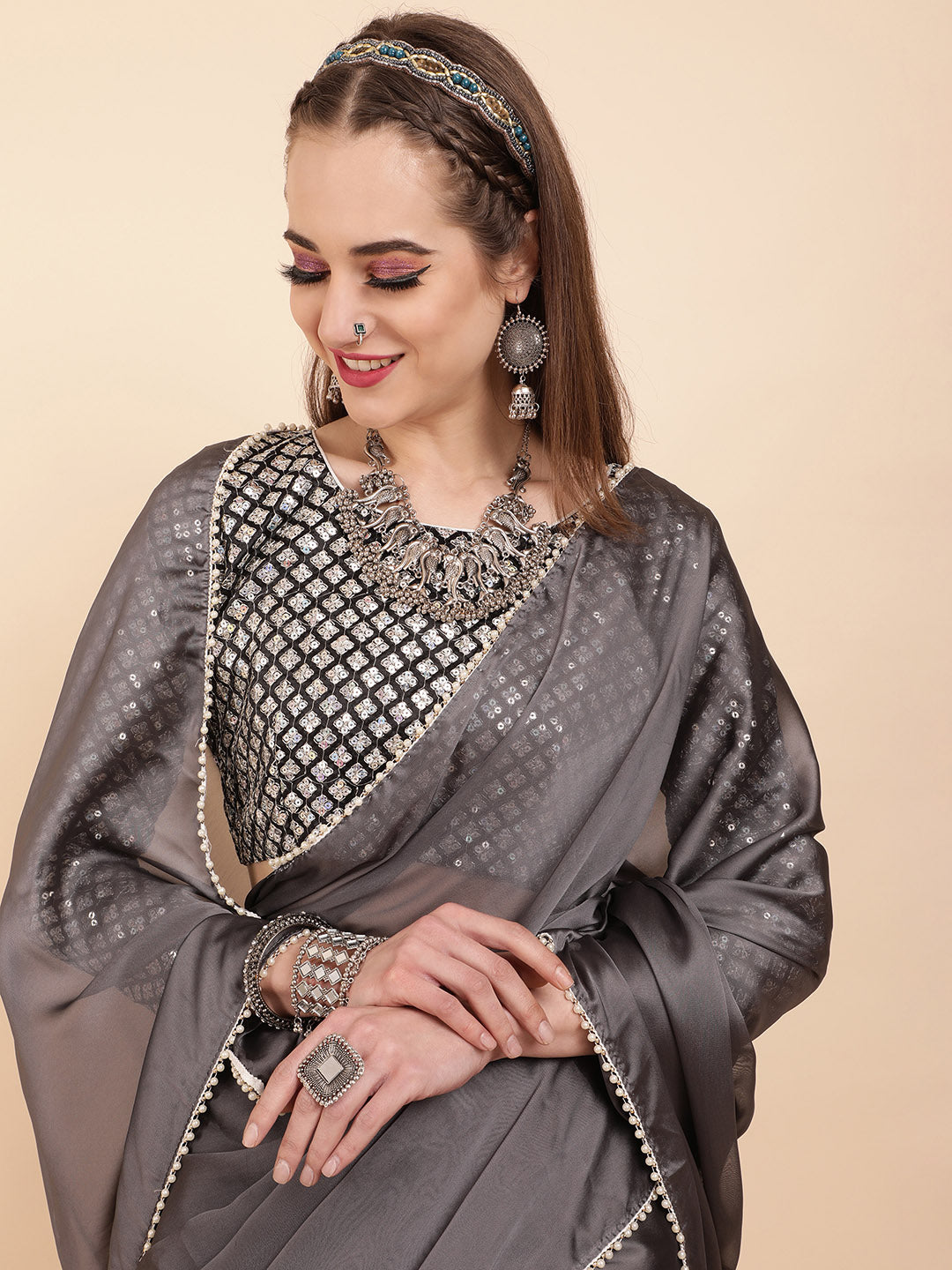 Sangria Grey Beads & Stones Satin Saree - Distacart