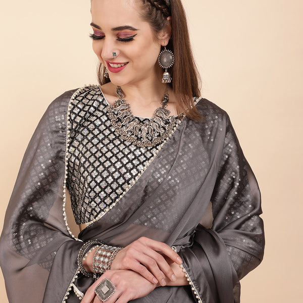 Sangria Grey Beads & Stones Satin Saree - Distacart