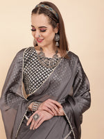 Thumbnail for Sangria Grey Beads & Stones Satin Saree - Distacart