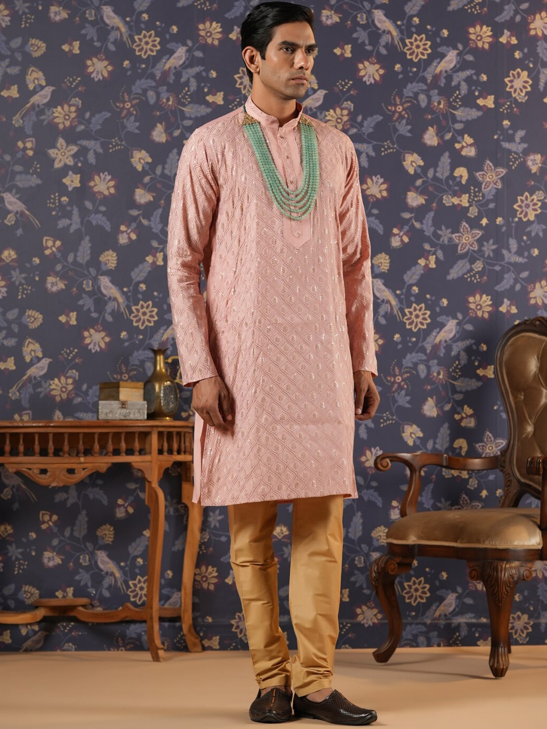 House of Pataudi Ethnic Motifs Embroidered Mandarin Collar Straight Kurta With Churidar - Distacart