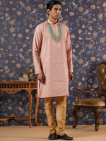 Thumbnail for House of Pataudi Ethnic Motifs Embroidered Mandarin Collar Straight Kurta With Churidar - Distacart