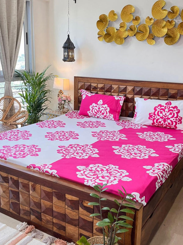 URBAN SPACE Divine White Ethnic Motifs 144 TC Cotton Queen Bedsheet & 2 Pillow Covers - Distacart