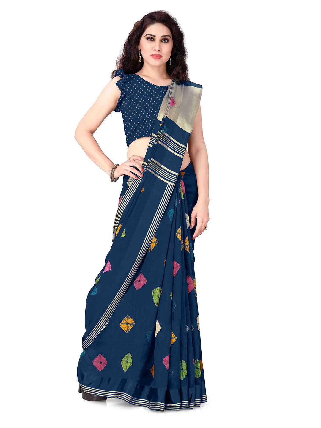 Kalini Navy Blue & Pink Bandhani Saree - Distacart