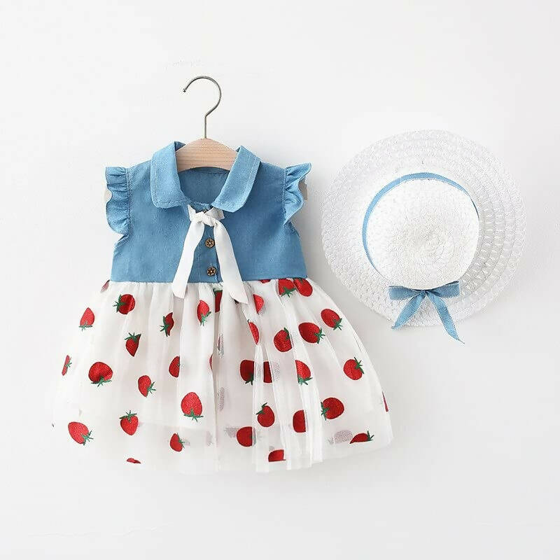 Bold N Elegant Cap Sleeve Denim Embroidered Midi Party Dress Frock with Hat Dress - Strawberry White - Distacart