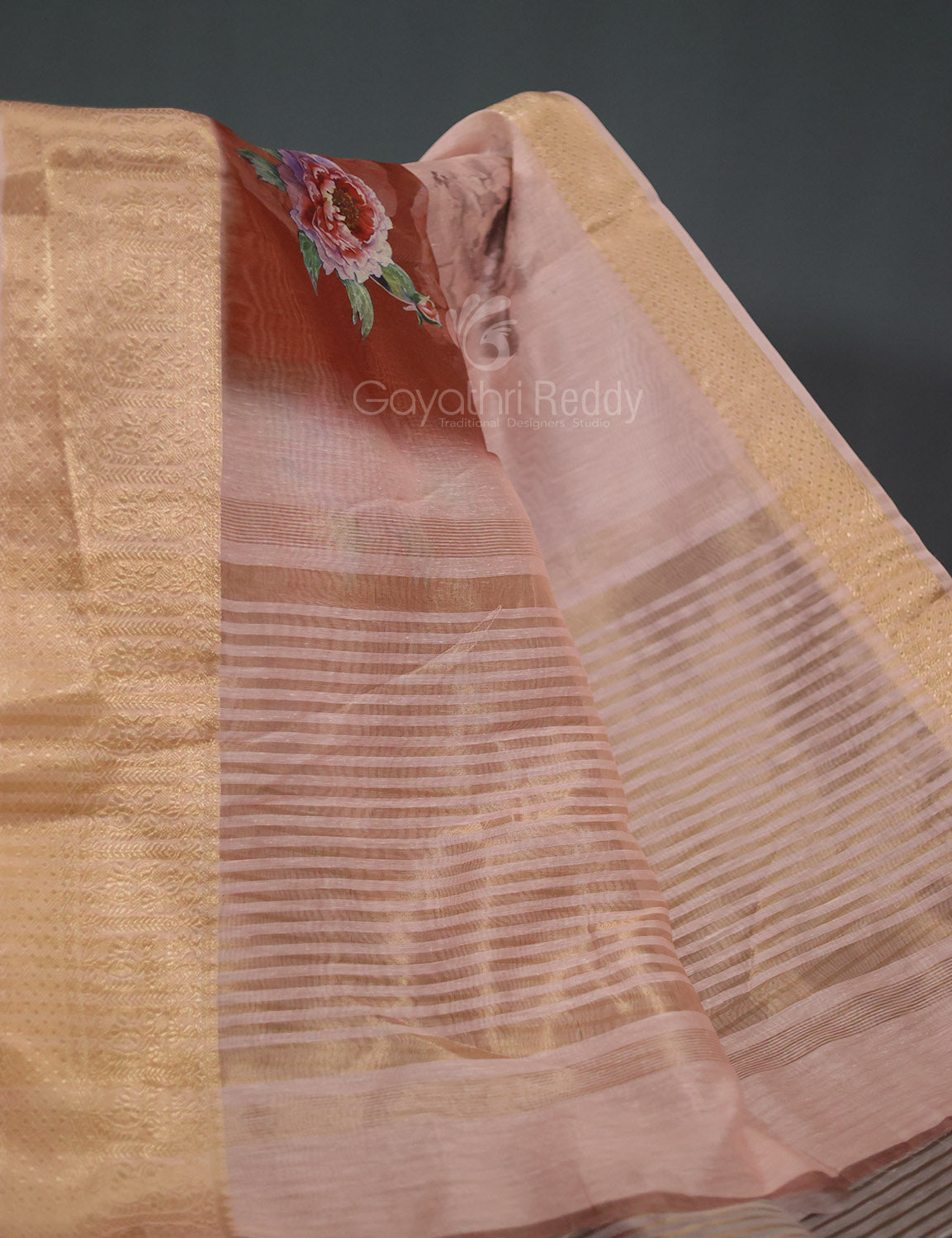 Light Rust Colour Floral Printed Semi Chanderi Saree By Gayathri Reddy Designer Studio - Distacart