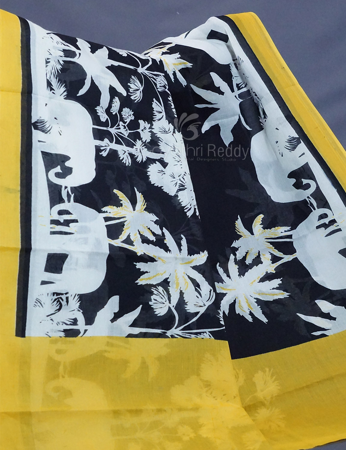 Black And Banana Yellow Colour Block Print Pure Mulmul Cotton Saree By Gayathri Reddy Designer Studio - Distacart