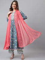 Thumbnail for Khushal K Women Blue & Peach Floral Printed Kurta With Palazzos & Dupatta - Distacart