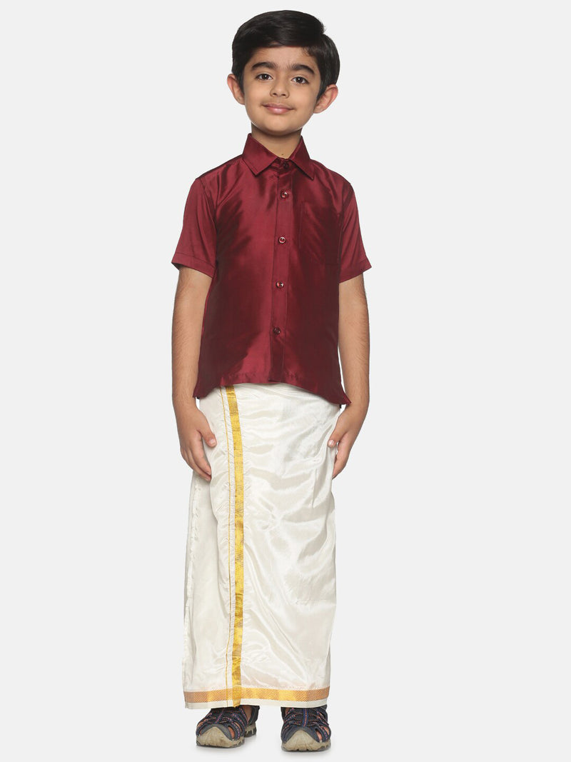Sethukrishna Boys Maroon &amp; White Solid Shirt and Dhoti Set - Distacart